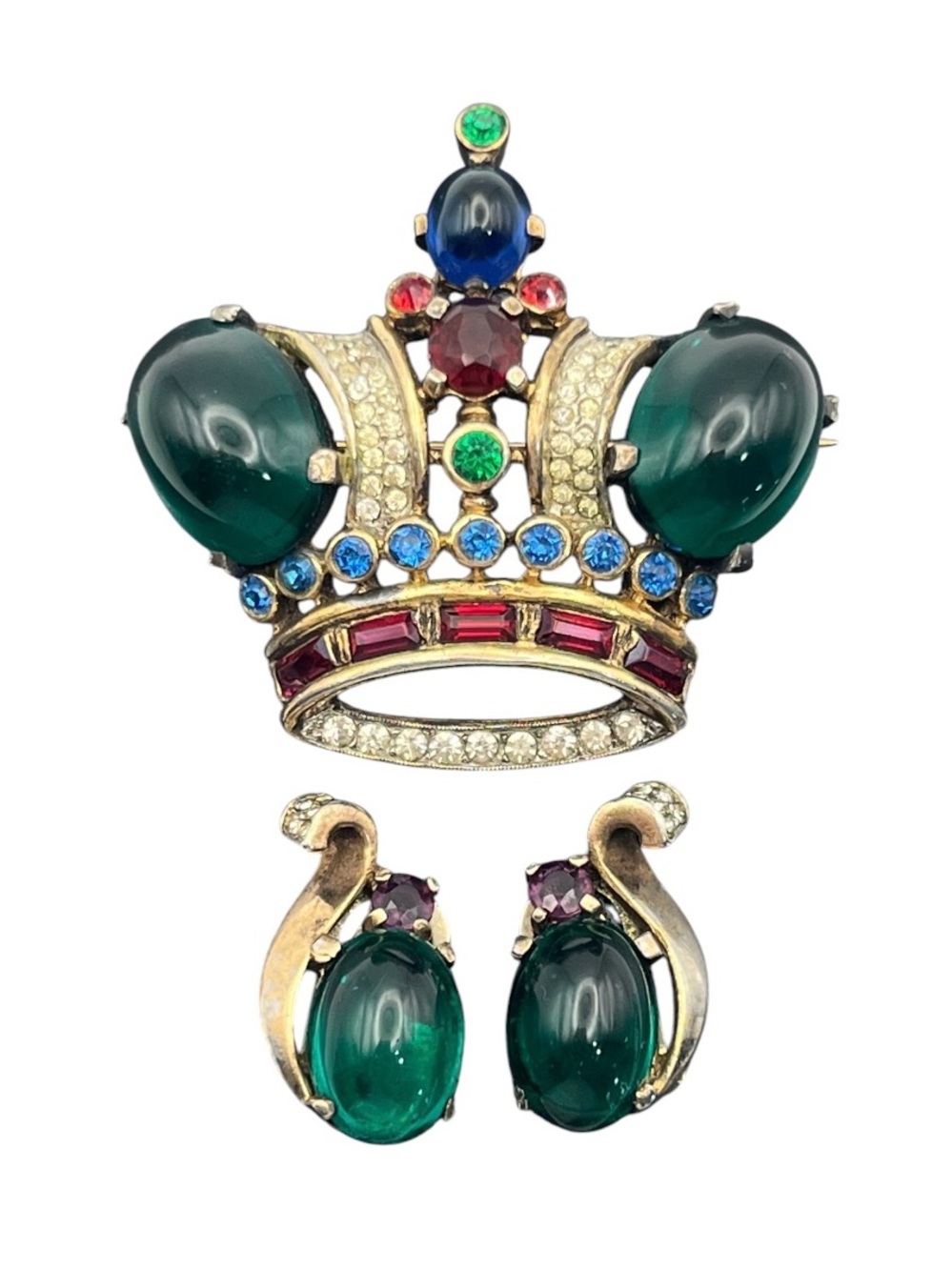 Trifari Sterling crown Alfred Philippe Green Jelly belly earrings brooch pin set